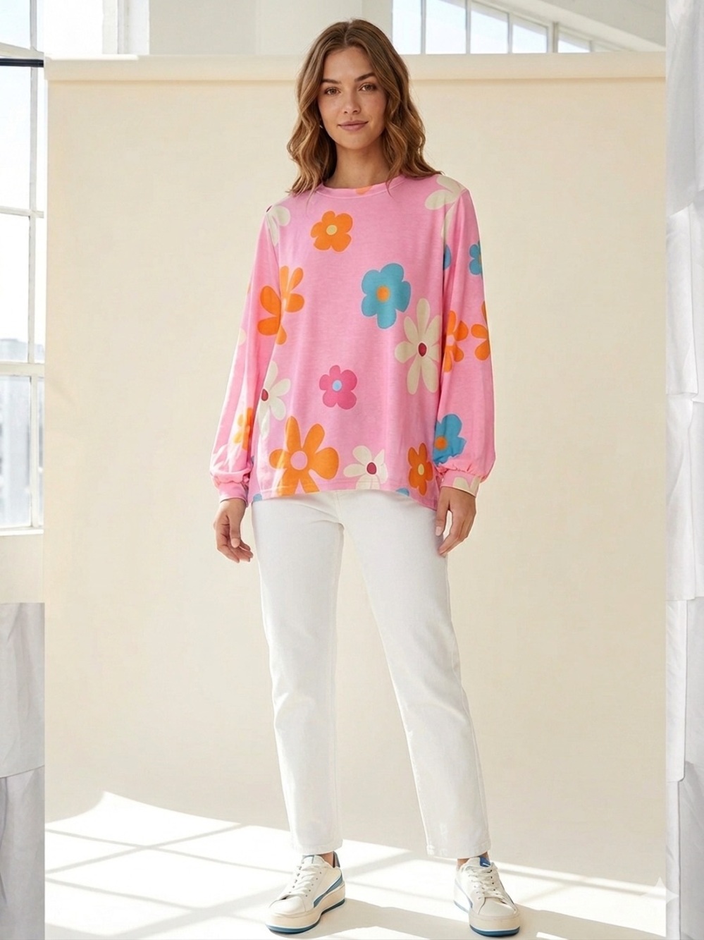 Pink Floral Long-Sleeve Top with Balloon Sleeves Super Soft - XL - Picture 3 of 4